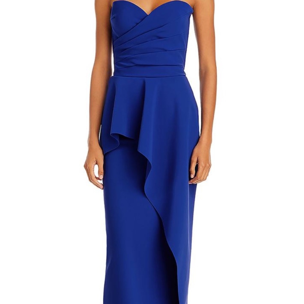 Chiara Boni Blue Asymmetrical Ruffled Strapless Gown